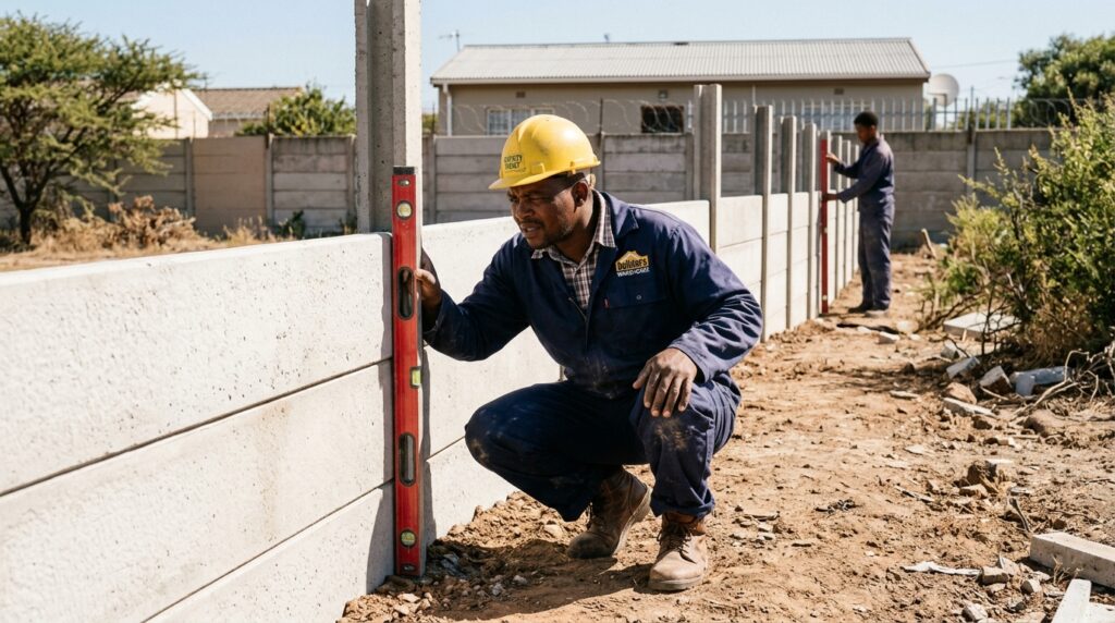 man using a level to make sure the viobracrete is level and straight
