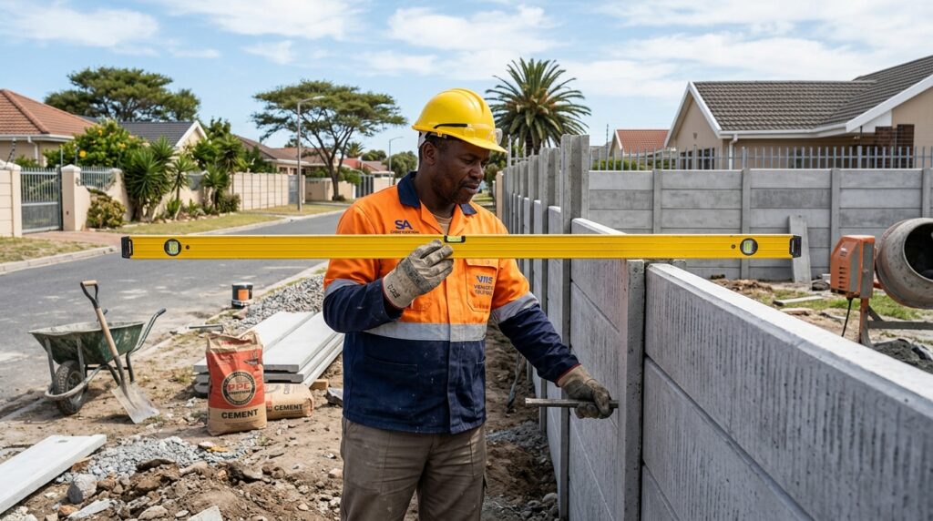 man with level installing precast vibracrete