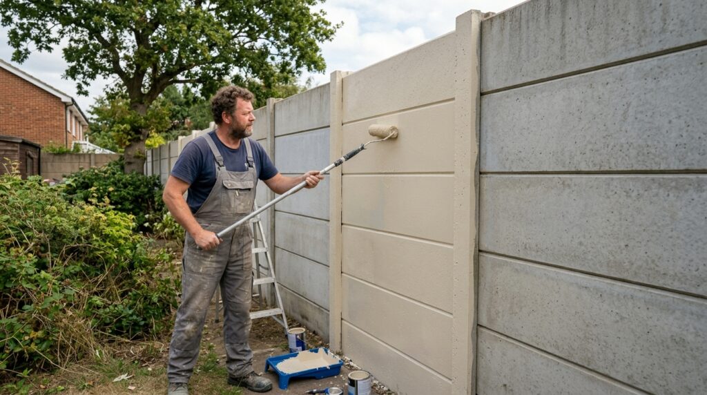 man painting a vibracrete precast wall in his yard