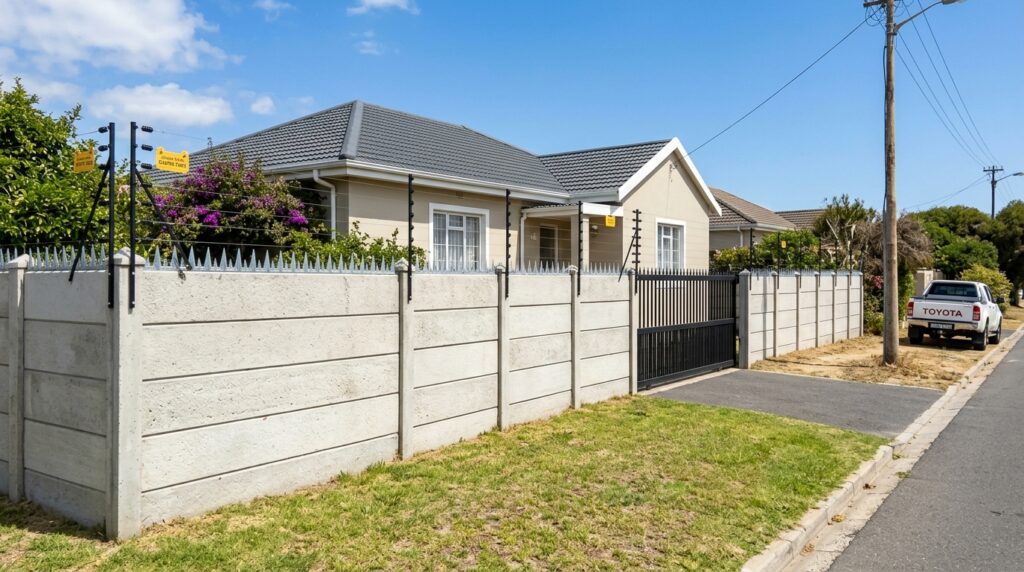 A precast vibracrete wall with security spikes and electric fencing